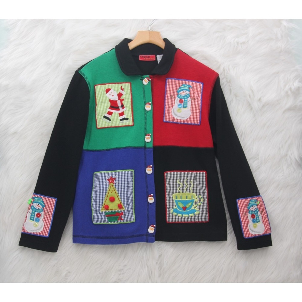 VINTAGE Onque Cardigan Womens L Color block Holiday Christmas Ugly Sweater 90s